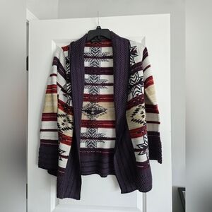 BCBG MaxAzria Sweater Large Multicolor Aztec Cardigan Open Front Southwest